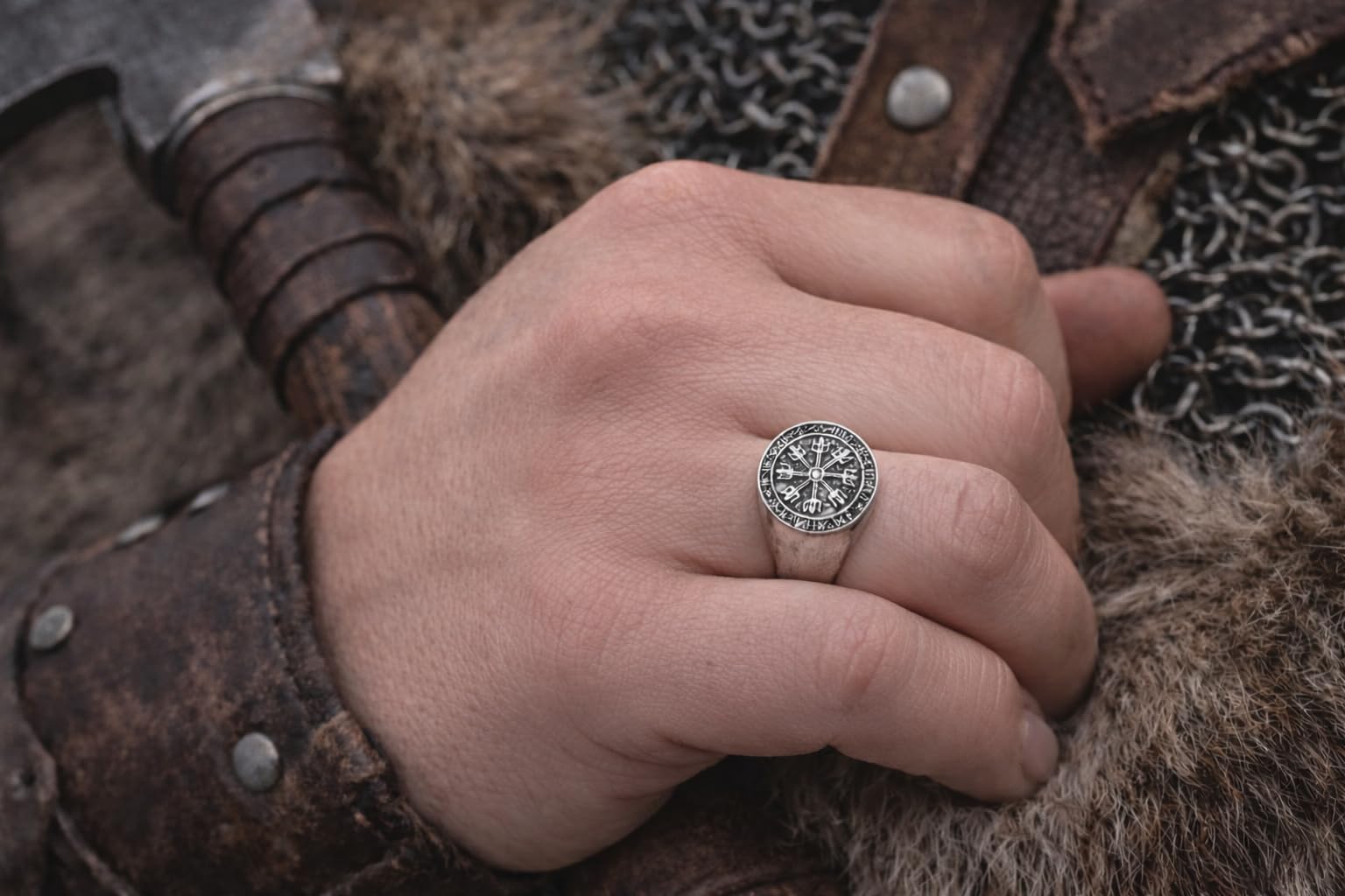 Windalf 925 Sterlingsilber Runen Vikings Ring VEGVISIR 18 mm Wikinger Kompass Siegelring