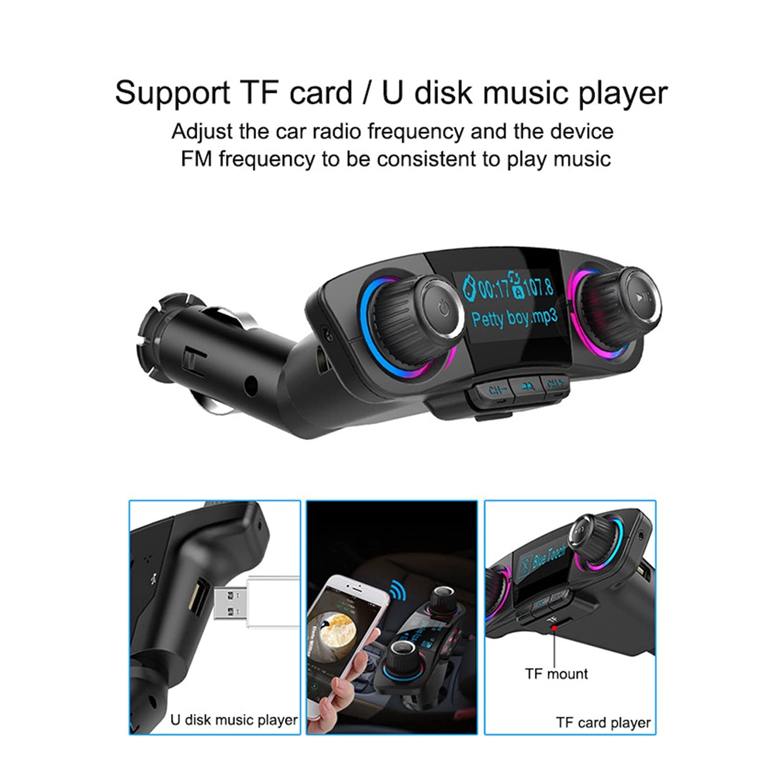 Adattatore Audio Bluetooth. Vivavoce Wireless in-Auto Bluetooth FM. Trasmettitore MP3. Kit for Auto Adattatore Radio con 2,1A Dual USB Auto FM. Caricabatterie del Telefono del trasmetto