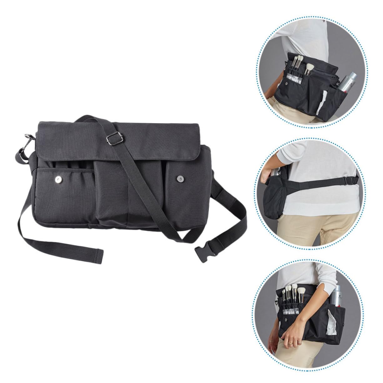 Borsa Porta Trucchi da Viaggio in Tela Nera, Custodia per Pennelli Make Up Portatile Cinturino, Facile da Aprire e Chiudere