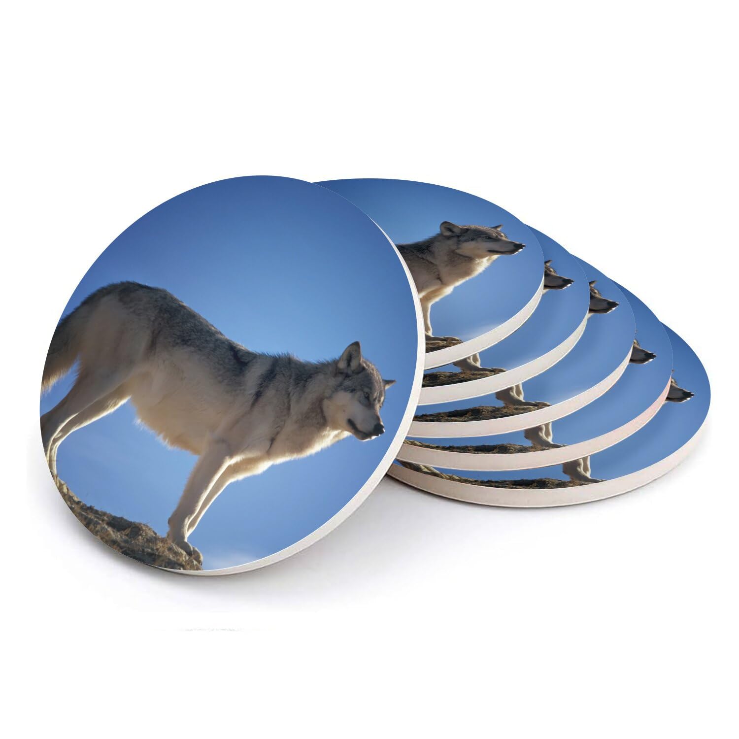 Sous-verre ronds en céramique loup ciel bleu dessous de verre animal lot de 6