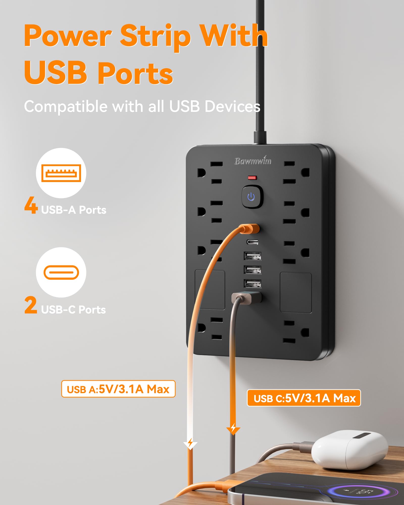 Listwa zasilająca przeciwprzepięciowa – 8 gniazd (1850 W/15 A) z 6 portami USB (2 USB C, przedłużacz płaski, 3 m, montaż ścienny, przedłużacz do gniazd wielokrotnych, z certyfikatem ETL do