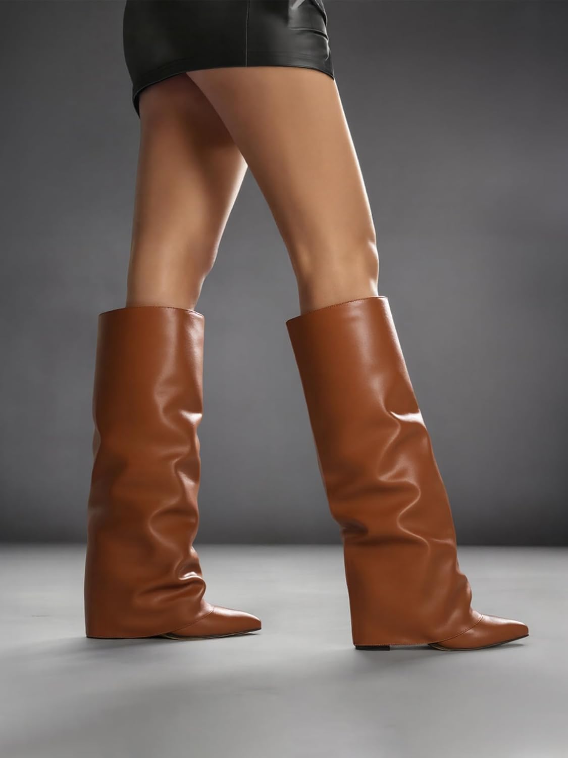 Synchoiss Womens Knee High Boots Wide Calf Chunky High Heel Boots Fashion Fold Over Boot Pointed Toe Winter Fall Tall Boots for Women Pull on Trendy - Image 3