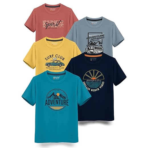 HELLCAT Boys Round Neck Printed Blended Cotton Tshirt -Combo Pack of 2 - Orange/Blue