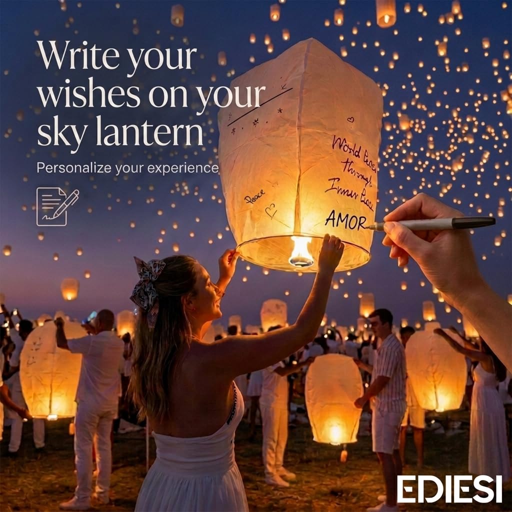 Ediesi, Lanterne Cinesi Volanti, 10 Pezzi, 100% Biodegradabile, di Carta, Bianco, Sky Lanterns, con un Pennarello per Scrivere i Desideri