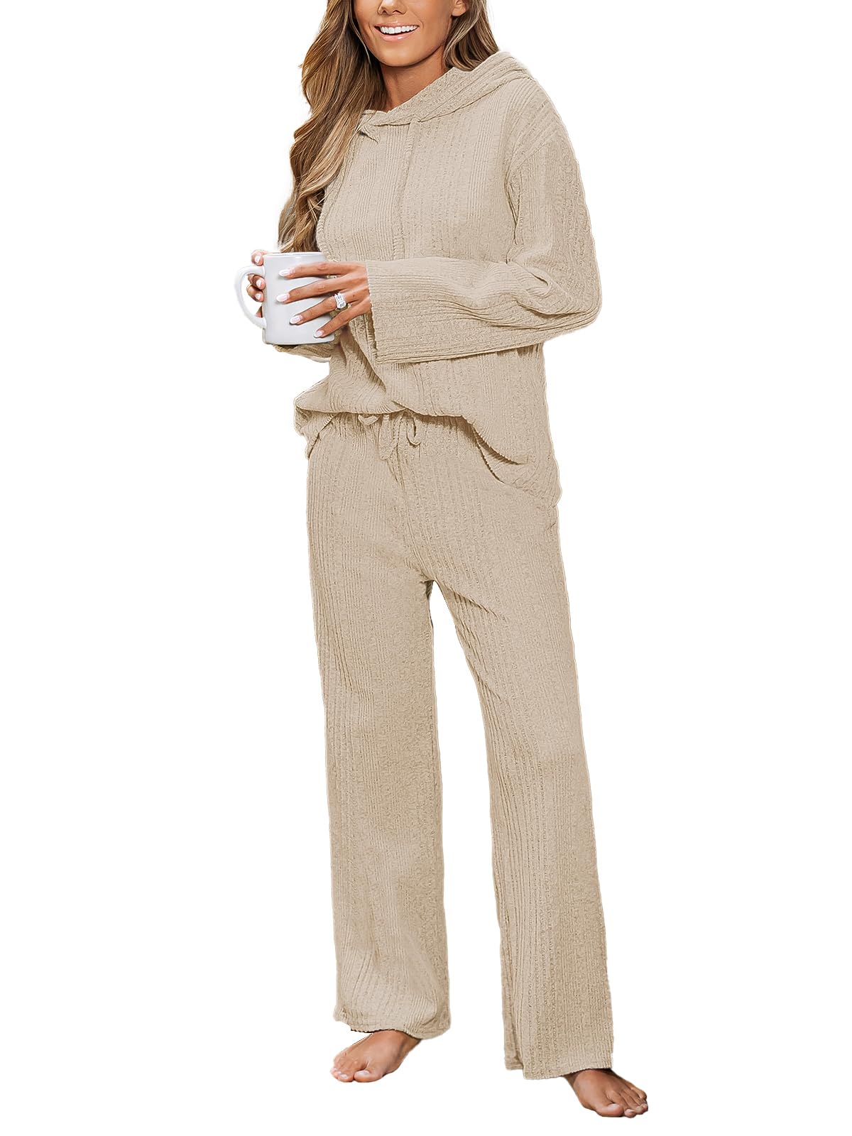 CUPSHE Womens Ribbed Knit Pajama Sets Long Sleeve Loungewear 2 Piece Soft and Comfy Lounge PJs Sets