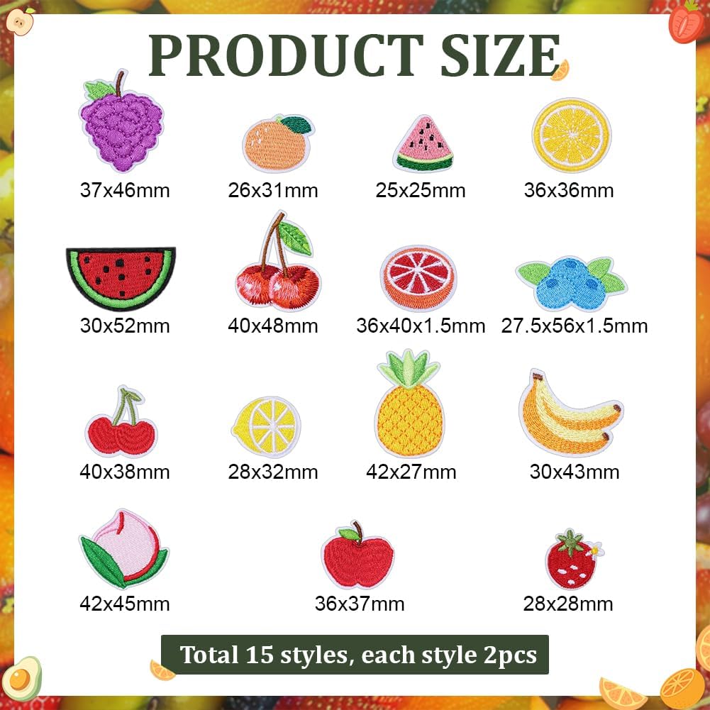 PH PandaHall 15 Styles Embroidered Fruit Patches 30PCS Strawberry Iron on Patches Cherry Pineapple Sew on Applique Orange Watermelon Embroidered Appliques for Sewing Clothes Dress Hat Pants Backpacks