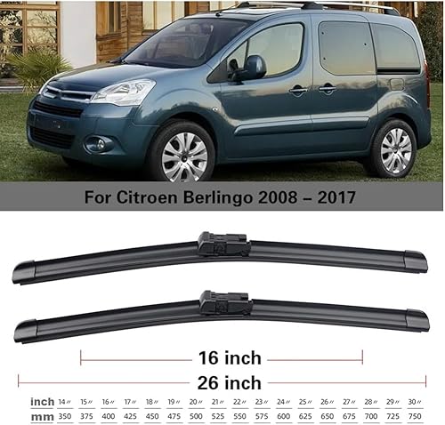 Miniatura 3 de Juego de limpiaparabrisas delantero y trasero compatible con Citroen Berlingo B9 2008-2017 parabrisas ventana 26 + 16 + 14 pulgadas