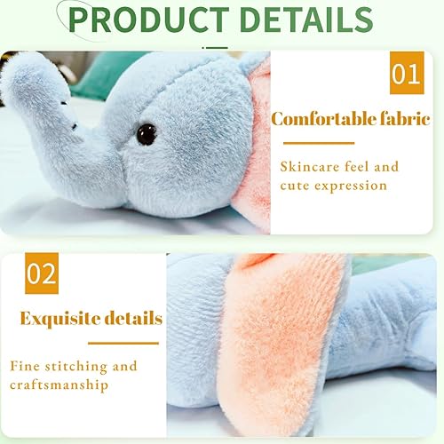 Miniatura 5 de Quioee Peluche de elefante, almohada suave de felpa de elefante para niños, lindas almohadas de peluche de elefante, cumpleaños para niños (33.46