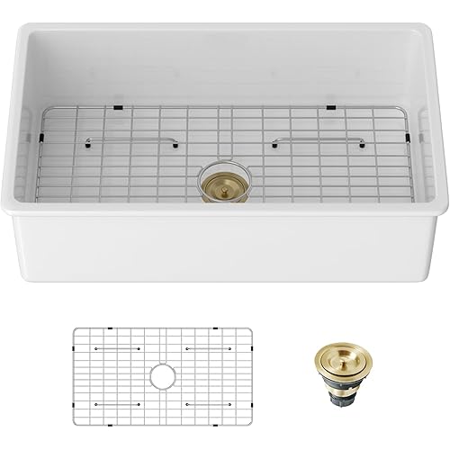 32 Inch White Undermount Kitchen Sink - Mocoloo 32 x 19 Farmhouse Sinks Porcelain Single Bowl White Kitchen Sink Fireclay Farm Sinks Style with Gold Offset Drain
