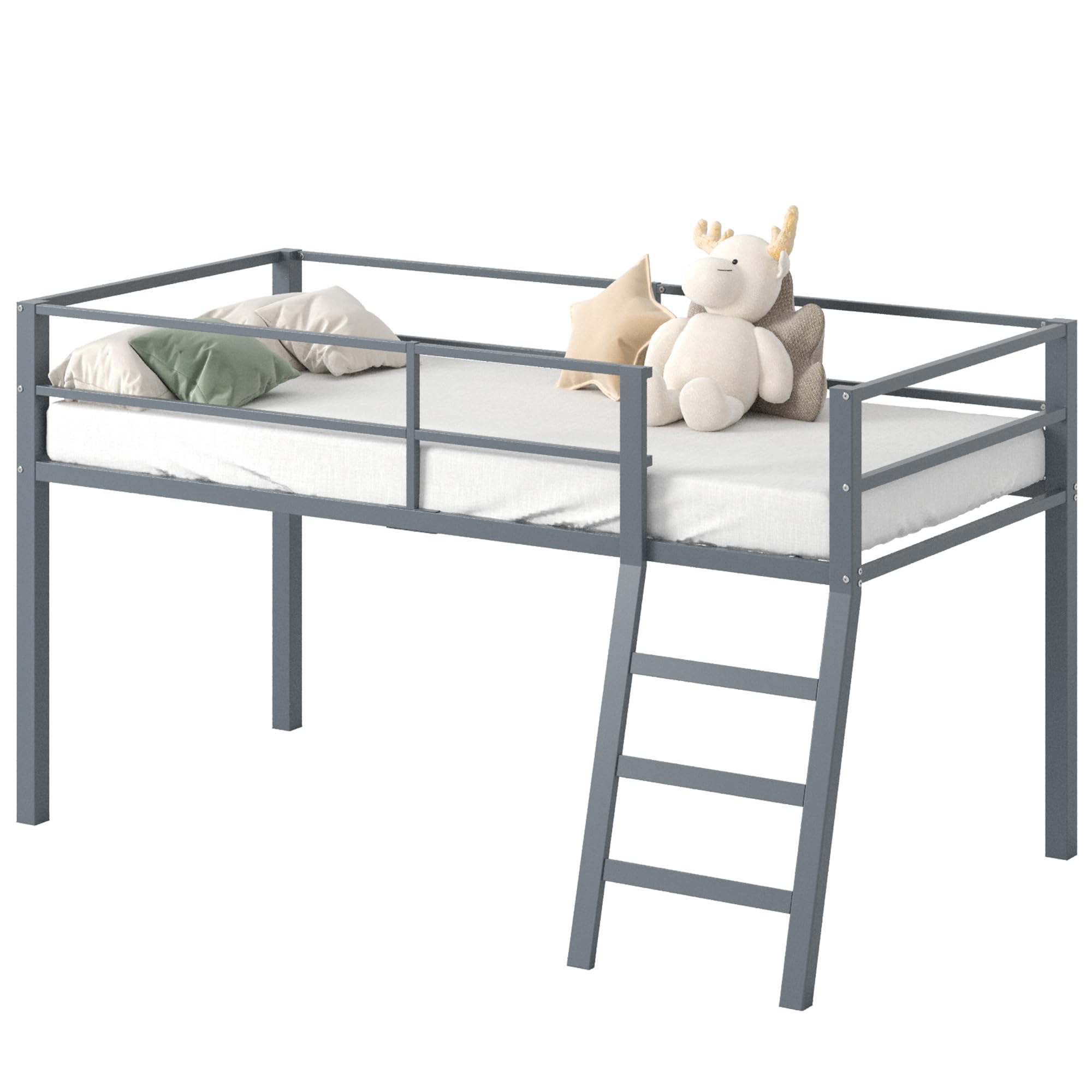 Cama tipo loft de metal bajo con escalera y barandilla para niños o adolescentes, cama tipo loft que ahorra espacio, tamaño individual para dormitorio pequeño, color gris