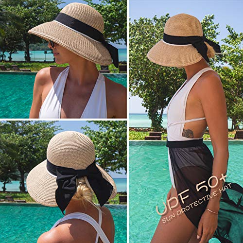 Women Summer Straw Sun Hat Upf Ladies Beach Accessories Fashions Hats Fedora Wide Brim Packable Beige Medium M #TOP1