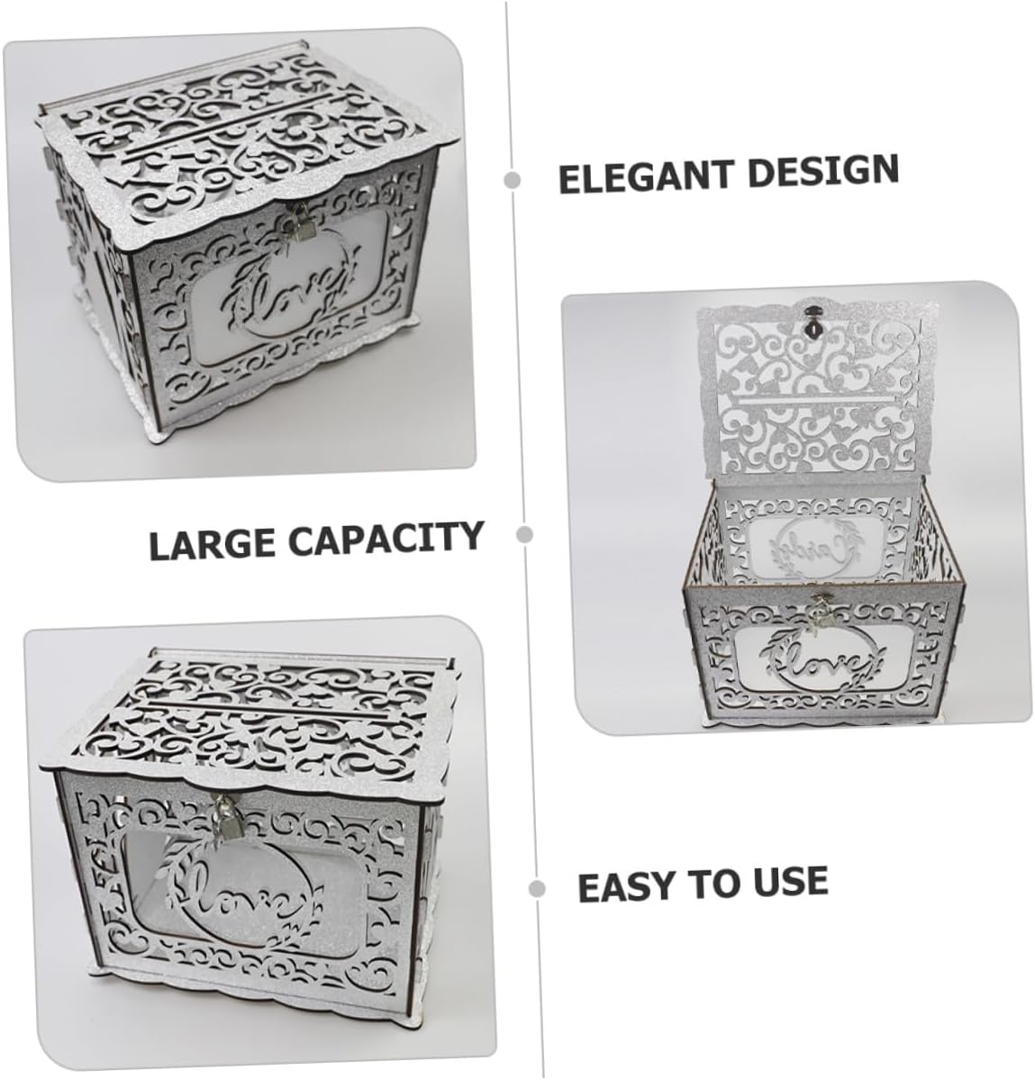 Wooden Hollow Card Box with Glitter, Greeting Card Container for Wedding, Anniversary, and Birthday, Large Wood Storage Box for Event Party Decoration