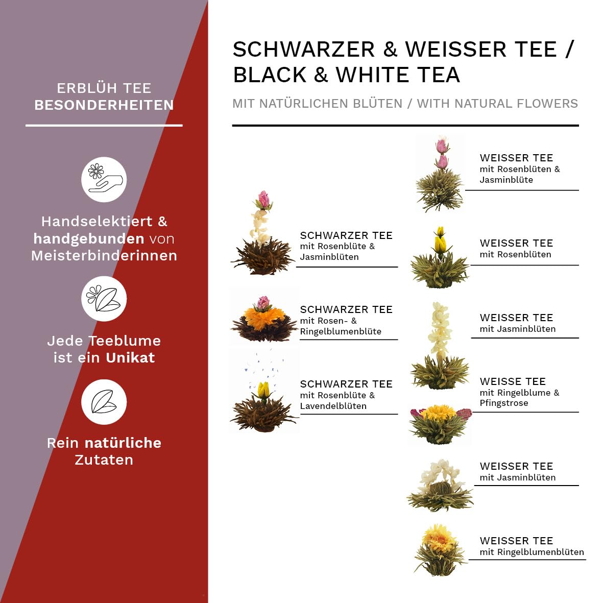 Creano Teeblumen Geschenkset in Teekiste aus Holz 12 Erblühtee in 9 Sorten Weißtee & Schwarztee, Geschenk für Frauen, Mutter, Teeliebhaber