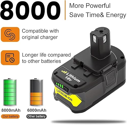 Miniatura 2 de Reemplazo actualizado de 8.0Ah P108 para batería Ryobi de 18 V compatible con batería Ryobi de 18 V P102 P103 P104 P105 P107 P190 P109 P190 P191