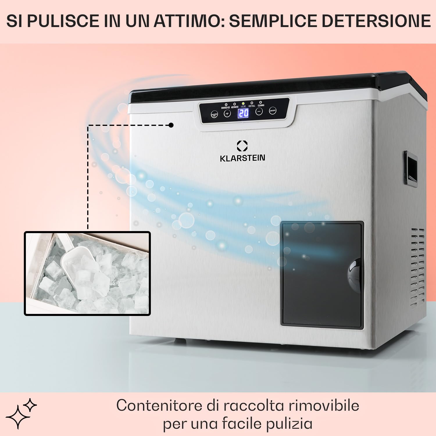 Klarstein Macchina Ghiaccio 3L, Macchina del Ghiaccio Professionale, Fabbricatore Secco Alimentare fino a 20kg, a Cubetti e Tritato, Casa per Cocktail Autopulente