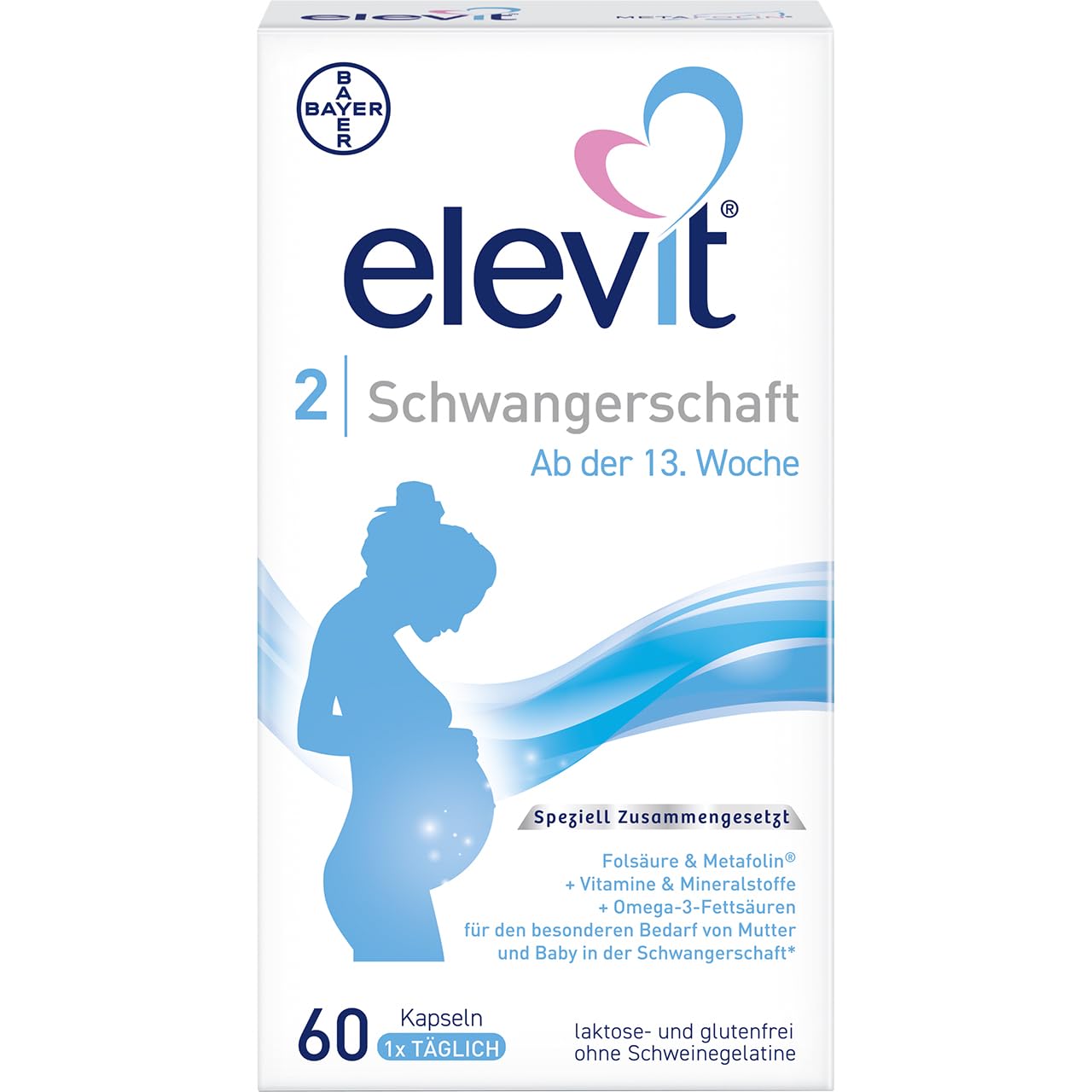 Elevit 2 | Schwangerschaftsvitamine für Mutter und Kind | Vitamine, Mineralstoffe & Omega-3-Fettsäuren | ab der 13. Schwangerschaftswoche | 60 Kapseln