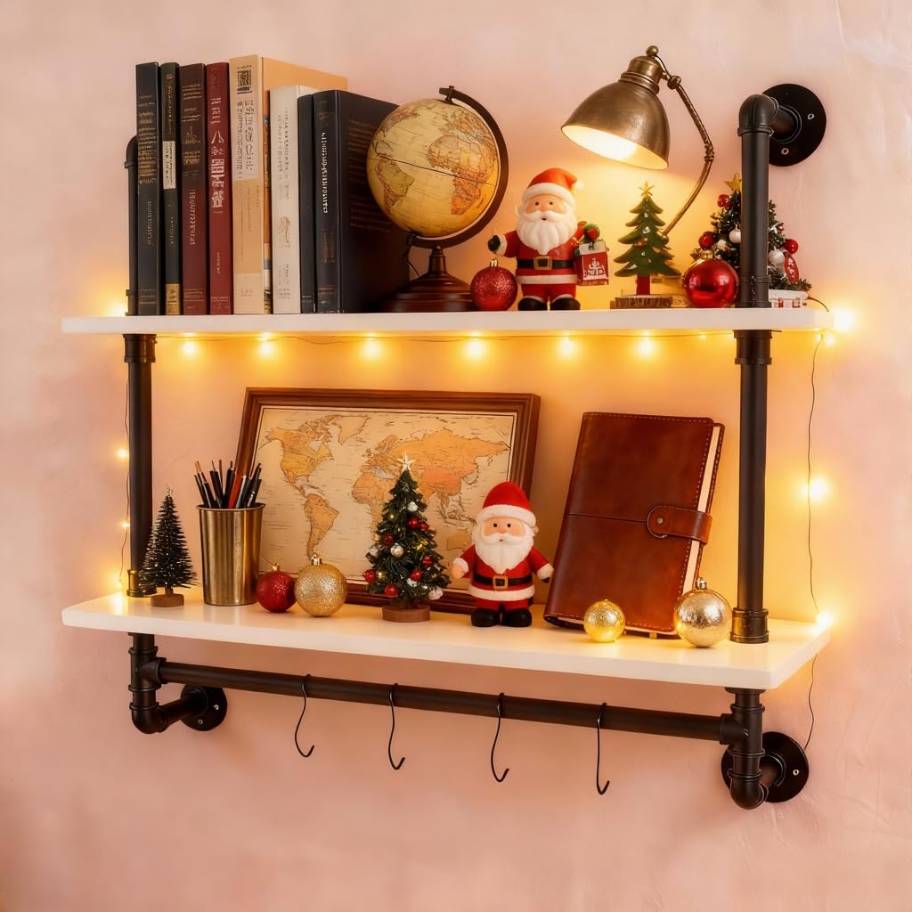 ROGMARS White Floating Wall Shelves Industrial Pipe Shelving 30 Inch Wood Bathroom Shelves with Towel Bar Over Toilet, Rustic Farmhouse Pipe Wall