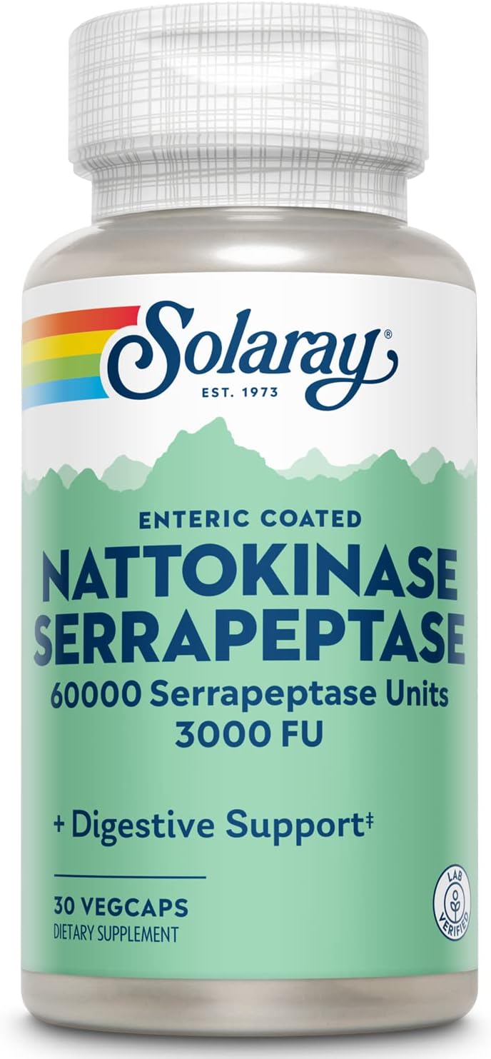 SOLARAY Nattokinase Serrapeptase Supplement – Enteric Coated – 3000 FU Nattokinase Supplement – Circulation, Cardiovascular, Sinus Support – Lab Verified, 60-Day Guarantee – 30 Servings, 30 VegCaps