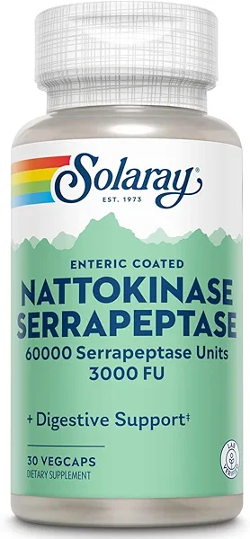 SOLARAY Nattokinase Serrapeptase Supplement - Enteric Coated - 3000 FU Nattokinase Supplement - Circulation, Cardiovascular, Sinus Support - Lab Verified, 60-Day Guarantee - 30 Servings, 30 VegCaps