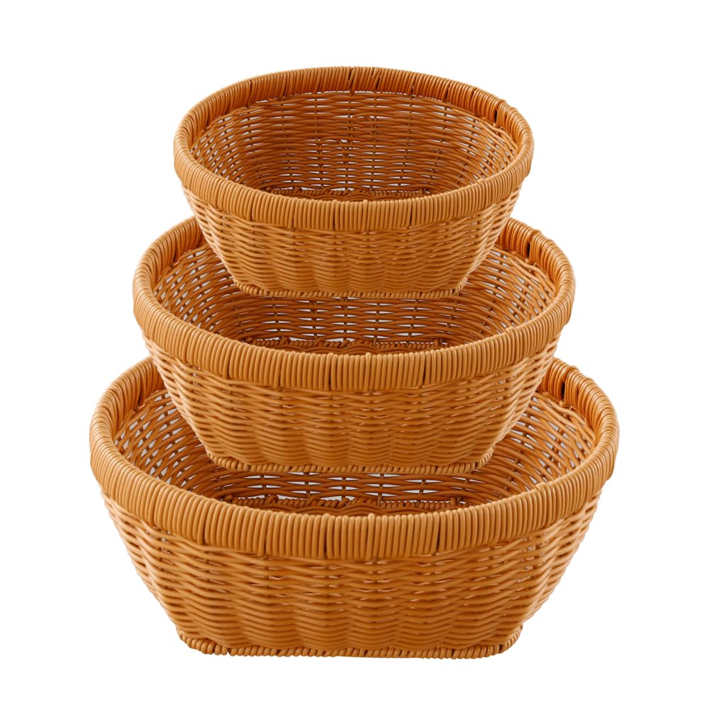 Fab4home Brown Set Of 3 Bread Basket Imitation Rattan Fruit Basket Poly Wicker Handwoven Storage Basket Display Basket Serving Basket Food Serving Holders For Countertop Kitchen Home Restaurant, 20/23/26Cm Stackable