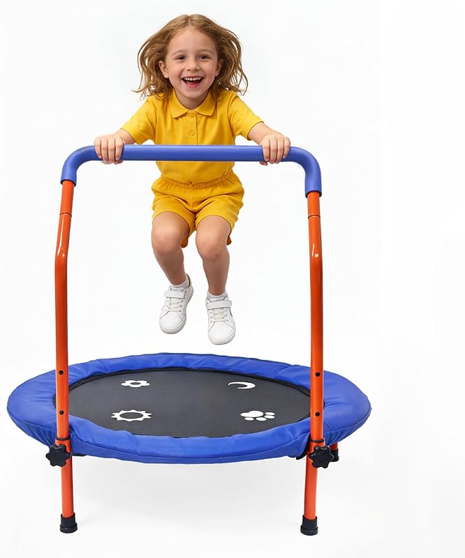 36" Foldable Mini Trampoline for Kids, ASTM Certified, Blue | Climate Pledge Friendly Toddler Trampoline with Padded Handlebar, Elastic Band No Springs, Easy to Assemble, Gift for Kids