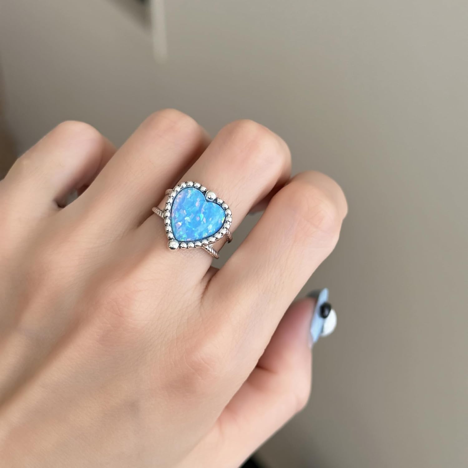 Blue Opal Heart Statement Open Ring Shiny Love Hearted Birthstone Gem Adjustable Open Stacking Finger Rings Comfort Fit Dainty Wedding Engagement Promise Bands Birthday Jewelry for Women Her Daughter - Image 3