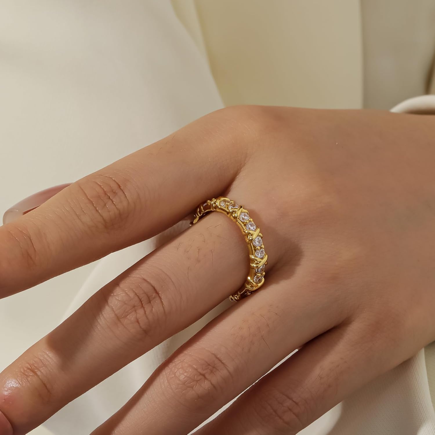 Qitian Gold CZ Wedding Band Rings for Women, Cubic Zirconia Stackable Ring Set, Simulated Diamond 14K Engagement Ring, Thin Stacking Band, Gift for Her - Image 3