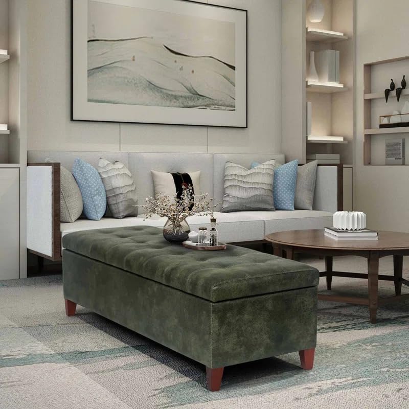 Image of LEGACY OF COMFORT Nysir 2 Seater Sofa Upholstered Ottoman Bench with Storage, for Living Room, Bedroom, Entryway (Dark Green Leather)