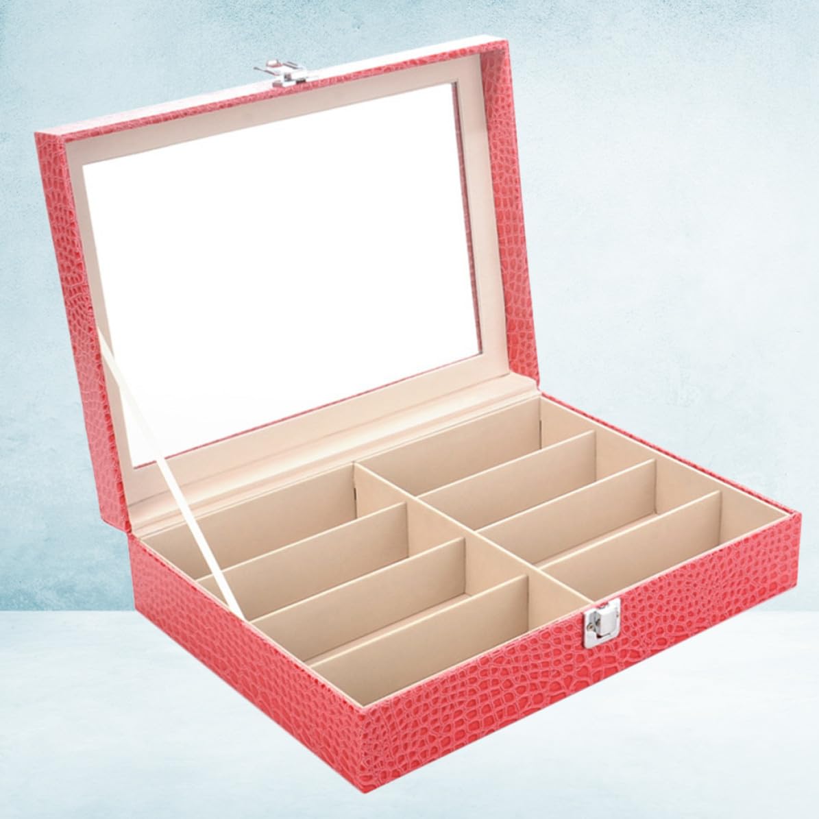 Brillen Aufbewahrungsbox mit 8 Fächern aus Pu und Mdf mit Glasdeckel