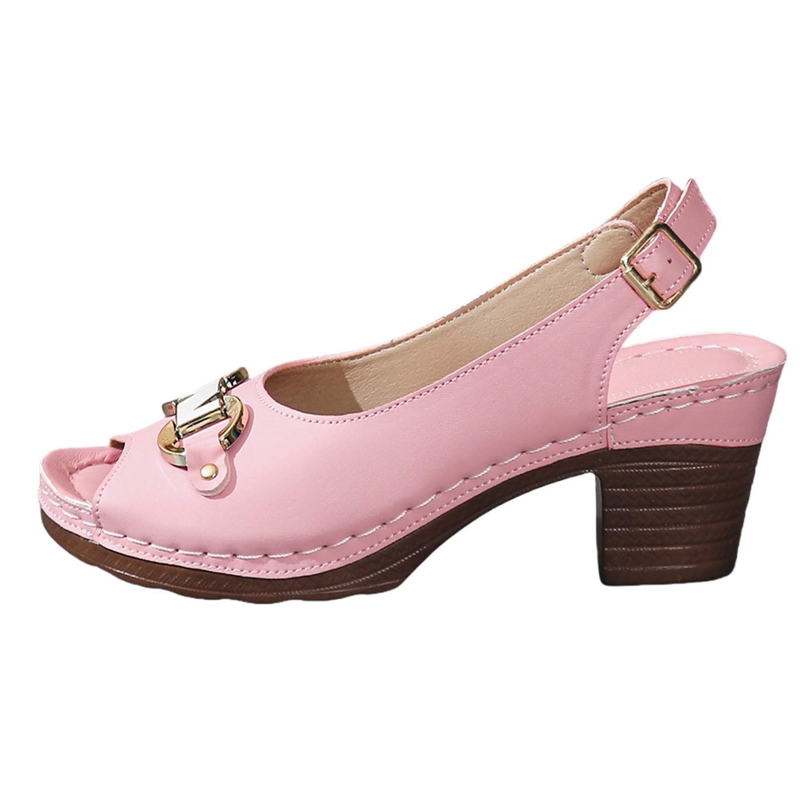Sandalias de tacón grueso con puntera abierta para mujer, a la moda, una línea, con hebilla, parte inferior gruesa, decorativa, de metal, informales, cómodas, ligeras, con hebilla, sandalias con doble