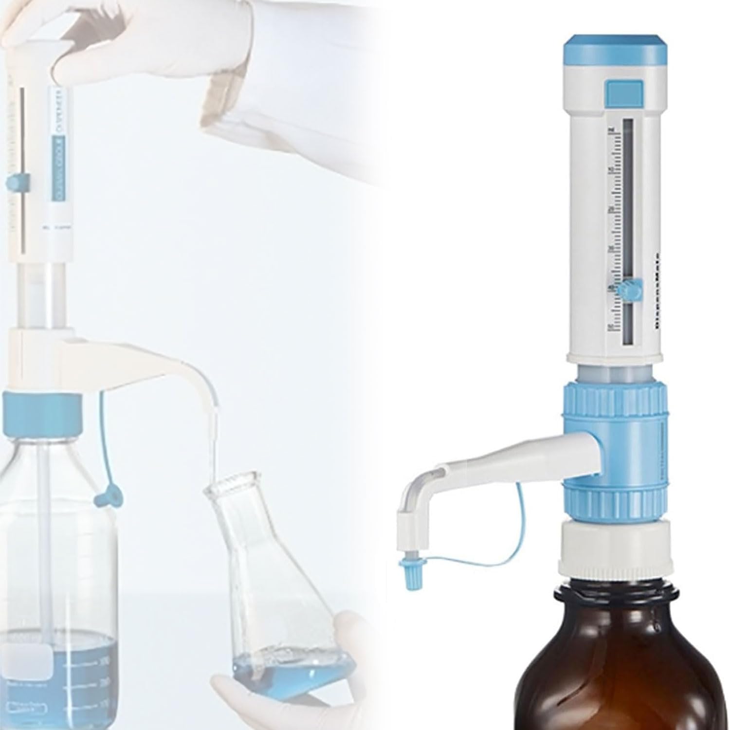 Dispensador de botella de polipropileno ajustable de 0,5 a 50 ml con adaptadores para laboratorios, escuelas y fábricas