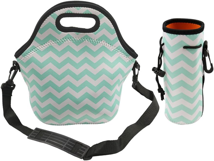Dreamerd Neoprene Lunch Bags/Lunch Boxes, Waterproof Outdoor Travel Picnic Lunch Box Bag Tote with Adjustable Crossbody Strap (Green Lunch bag+Water Bottle Tote)