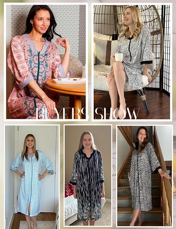 Ekouaer Women Zipper Robe 3/4 Sleeve Nightgowns Lightweight Short Bathrobe with Pockets S-3XL - Image 5