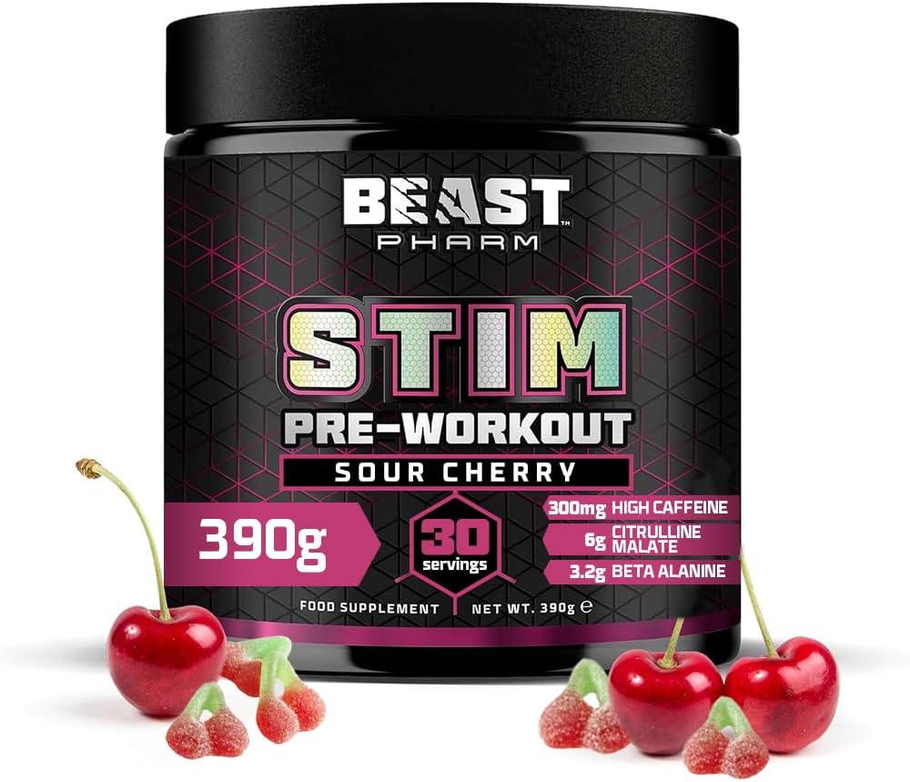 Beast Stim Pre Workout Powder - 30 Servings - Gym Supplements for Men and Women 390g - Beta Alanine Preworkout - Sour Cherry