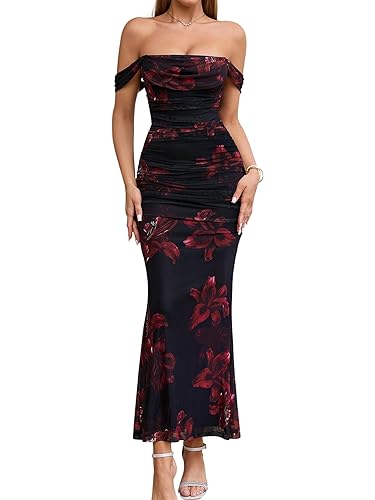 KUTUMAI Off The Shoulder Maxi Long Dress Corset Ruched Bodycon Formal Wedding Guest Dresses for Women - Medium - Redfloral