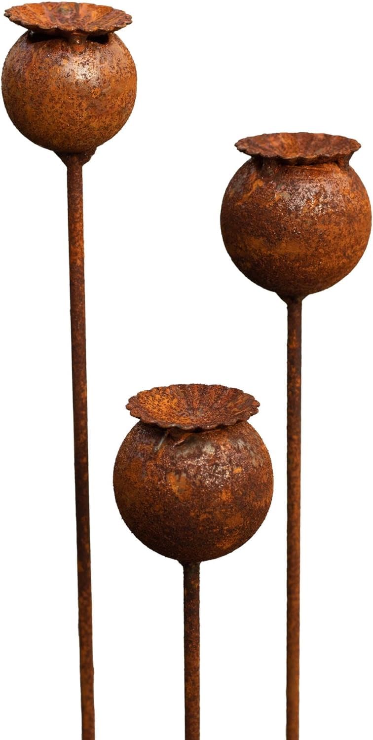 Gartenstecker Rost Deko Mohn Mohnkapsel Metall Rost Gartendeko Edelrost für Frühling, Garten, Wohnzimmer, Balkon (3er Set Mohnkapsel A)