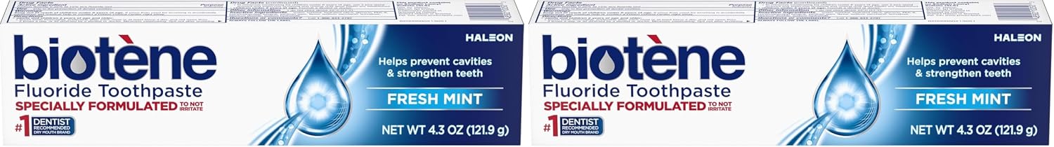 biotène Fluoride Toothpaste for Dry Mouth Symptoms, Bad Breath Treatment and Cavity Prevention, Fresh Mint - 4.3 oz (Pack of 2)
