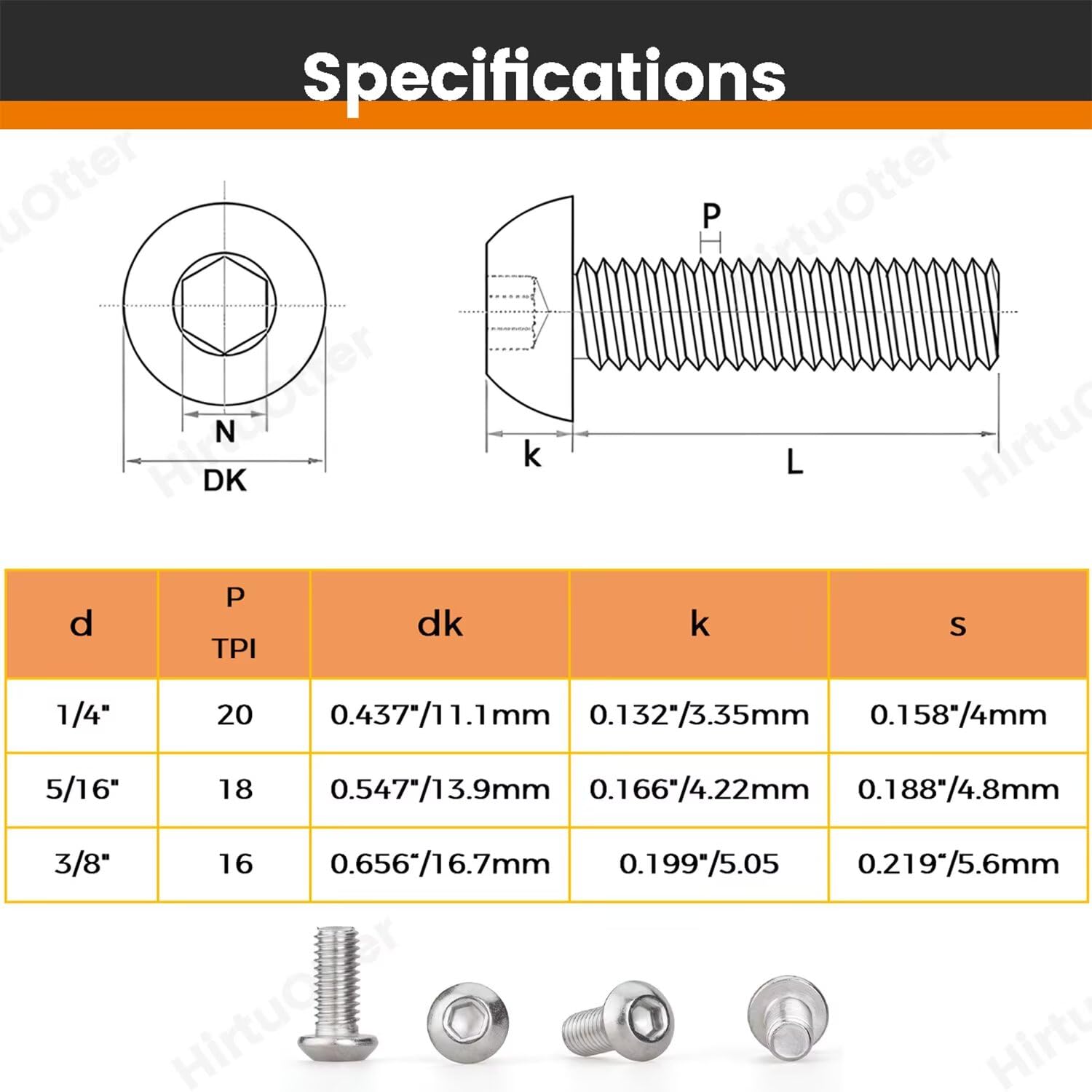1/4"-20 x 1 (20 PCS) Button Head Socket Cap Screws, 304 Stainless Steel (18-8), Fully Threaded, Inch Thread - Hex Allen Drive - for Furniture, DIY, 3D Printing, Industrial & Tools