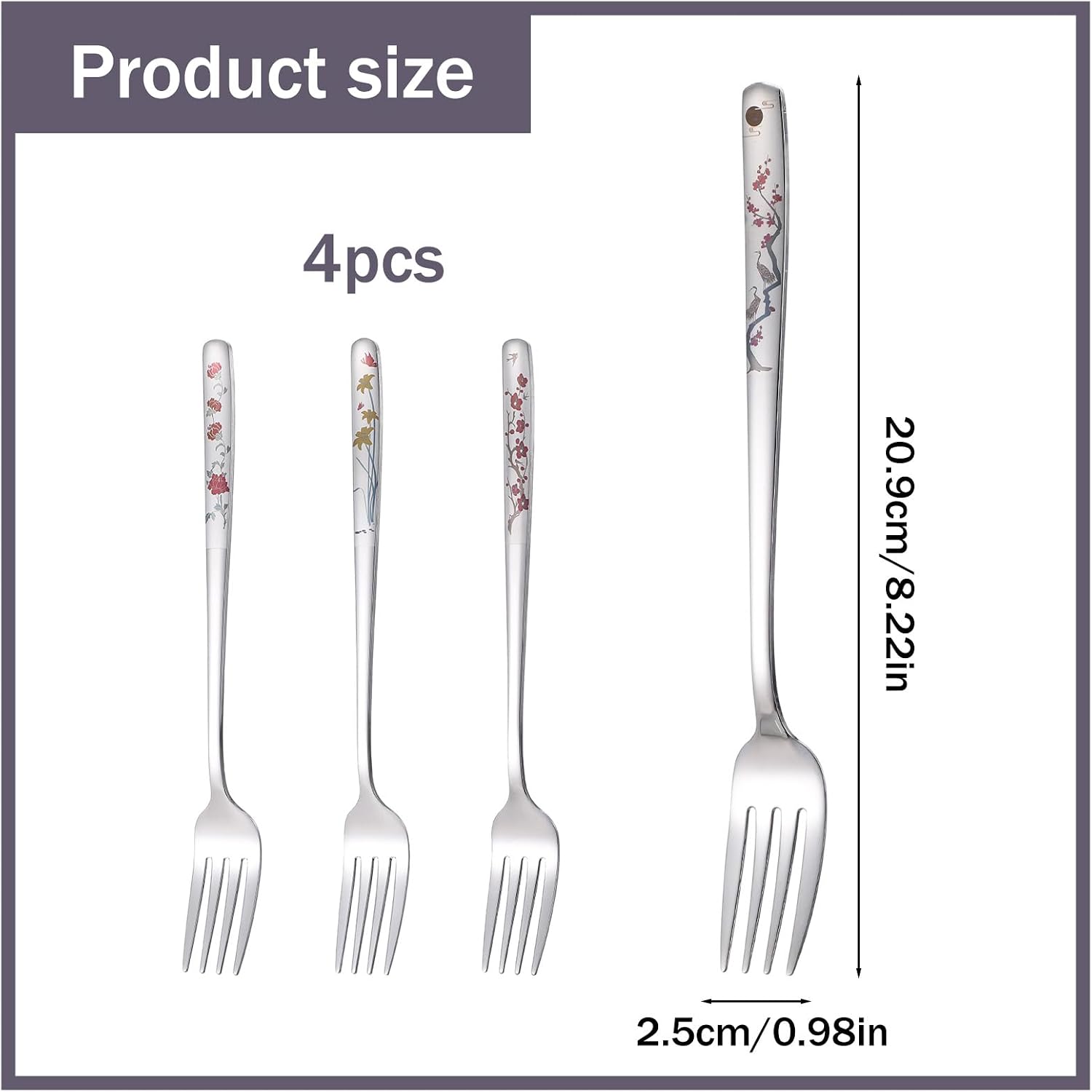 4Pcs 8" Korean Forks, Korean Fork with Floral Pattern