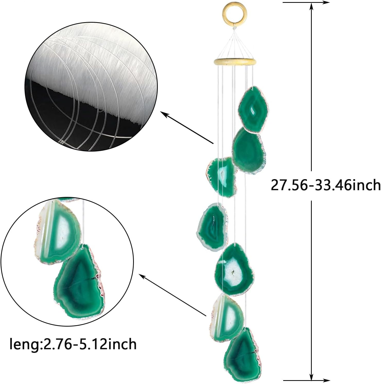 moonsix Handmade Agate Wind Chime for Home Garden Decor Slice Crystal Stone Wind Chimes Outdoor, Green, 27-34 inch