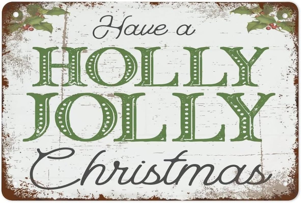 Anceky Holly Jolly Christmas Farmhouse Tin Sign Wall Decor Vintage 8x12 Inch