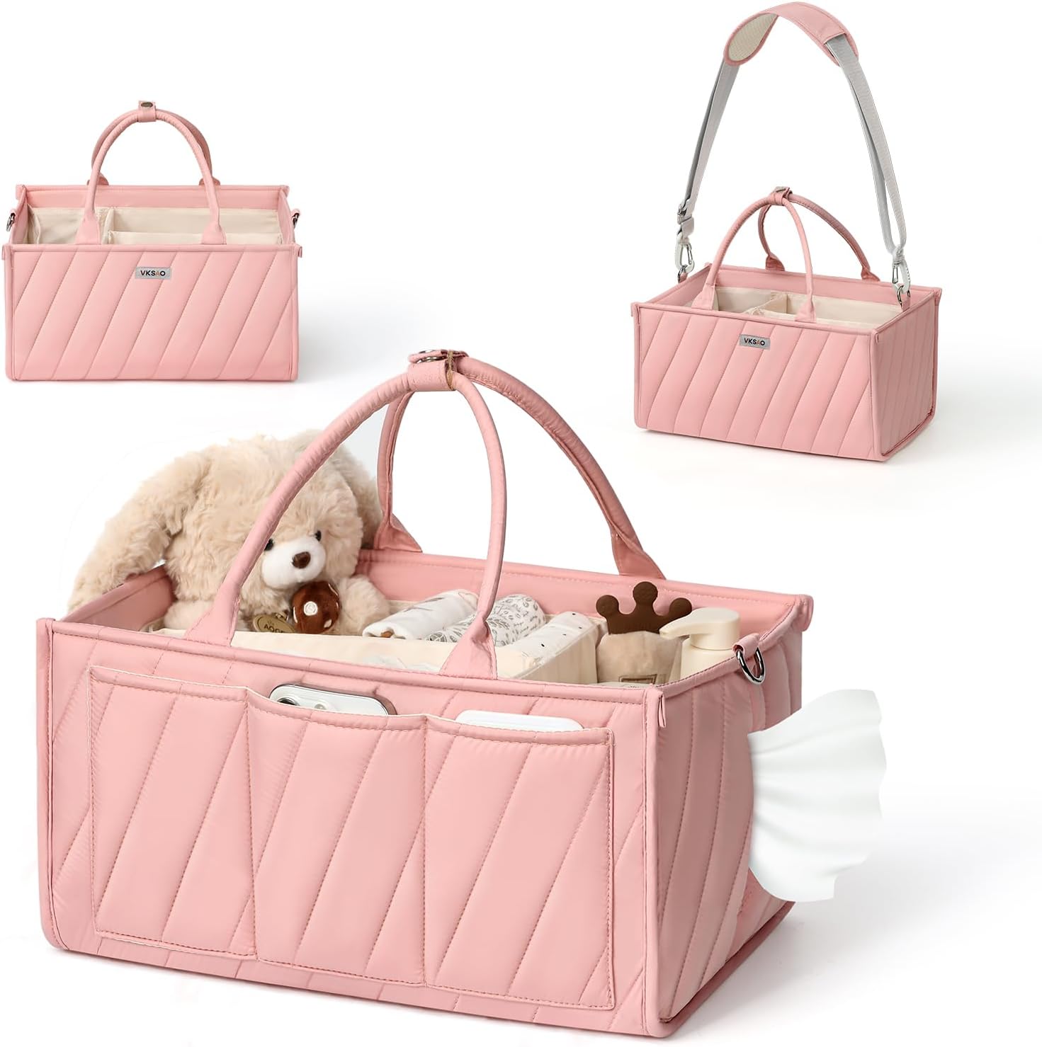 Extra Large Diaper Caddy Organizer – Big Baby Essentials Nursery Storage Basket with Zipper Pocket & Shoulder Strap, Splashproof Travel Tote for Twins, Gifts for Baby Shower, Beige Floral