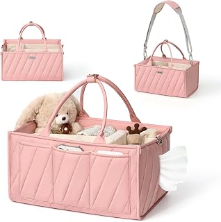 Diaper Caddy Organizer – Portable Storage Basket with Shoulder Strap & Stroller Hooks, Splashproof Quilted Nursery & Car Tote for Baby Girl Shower Gift, Baby Registry, Blush Pink