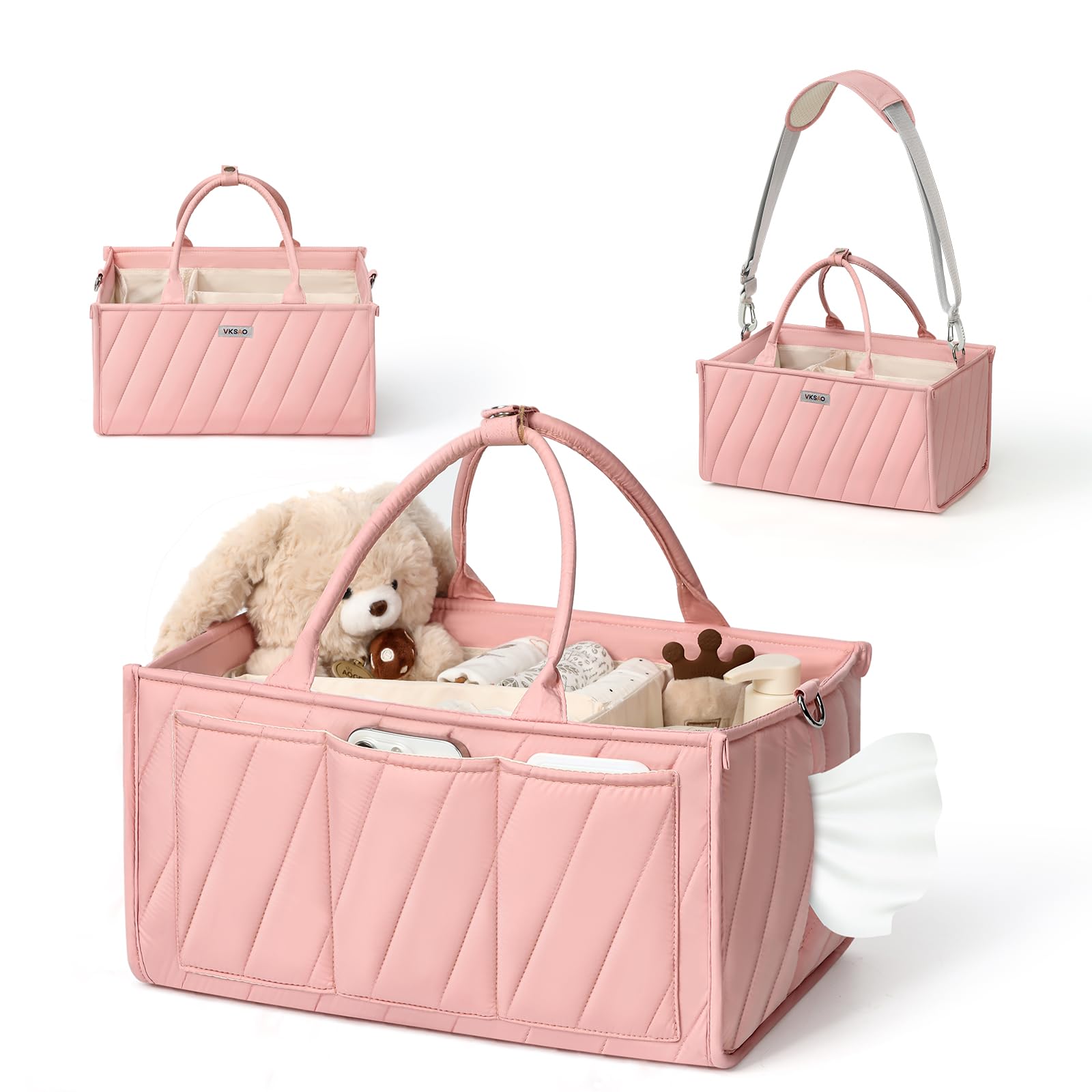 VKSAO Diaper Caddy Organizer Portable Storage Basket with Shoulder Strap Stroller Hooks Water-Resistant Quilted Nursery Car Tote for