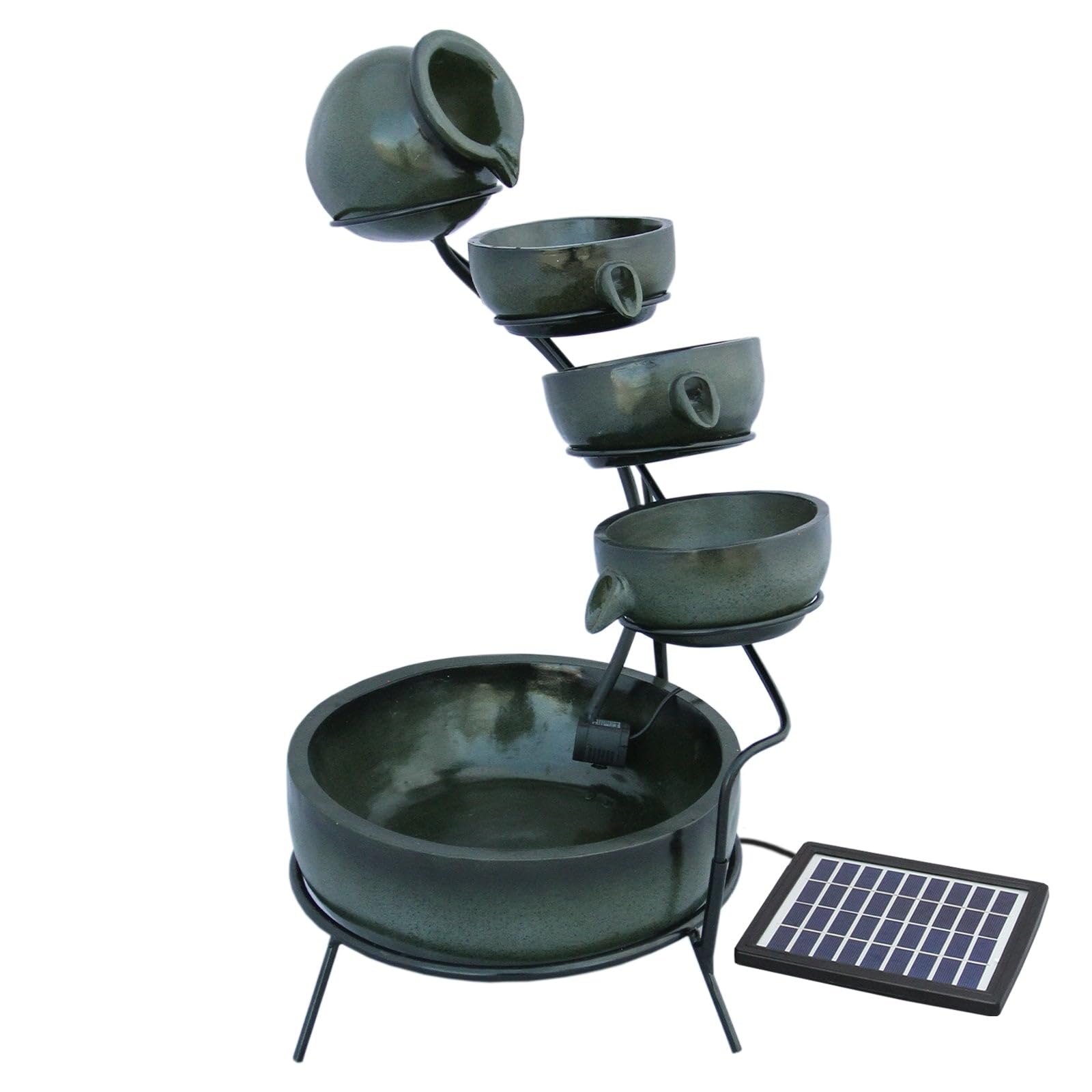 Monster Shop Green Water Fountain Garden Feature Solar Powered & 6 Hour Battery Backup Outdoor Garden Ornament Cascade Décor Patio Resin Freestanding Cascading 4 Tier Spilling Bowls