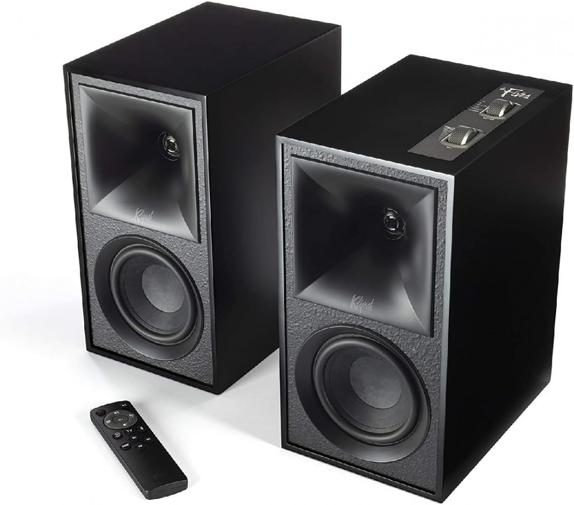 The Fives Powered Bookshelf Speakers – Matte Black Finish with HDMI-ARC, Acoustic Horn-Loaded Technology, Dynamic Bass Equalization, and 192kHz/24-bit High-Resolution Audio
