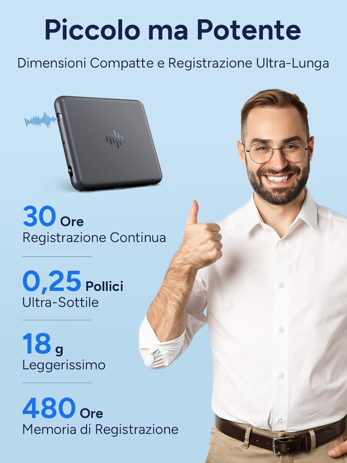 IZYREC Voice Recorder next to a man giving a thumbs up, highlighting its small size, 30 hours continuous recording, 0.25 inches ultra-thin, 18g lightweight, and 480 hours recording memory.