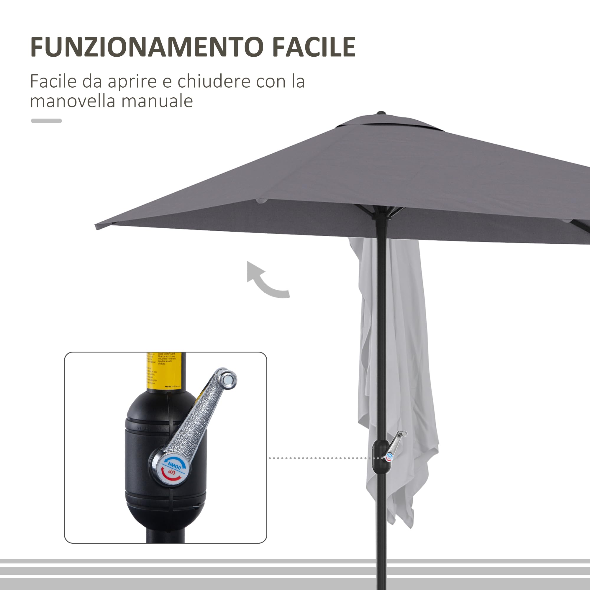 Outsunny Ombrellone Mezzaluna da Parete e Muro 2.3x1.3 m con Apertura a Manovella, Ombrellone da Giardino con 5 Stecche in Metallo e Poliestere 180g/㎡, Anti UV, per Terrazza e Balcone