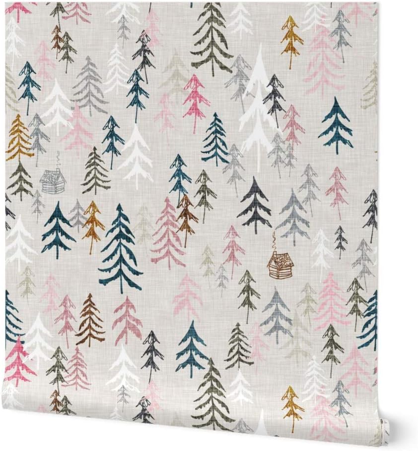 Peel & Stick Wallpaper 3ft x 2ft - Pink Forest Hiking Camping Explore Mountain Adventure Pine Tree Custom Removable Wallpaper by Spoonflower