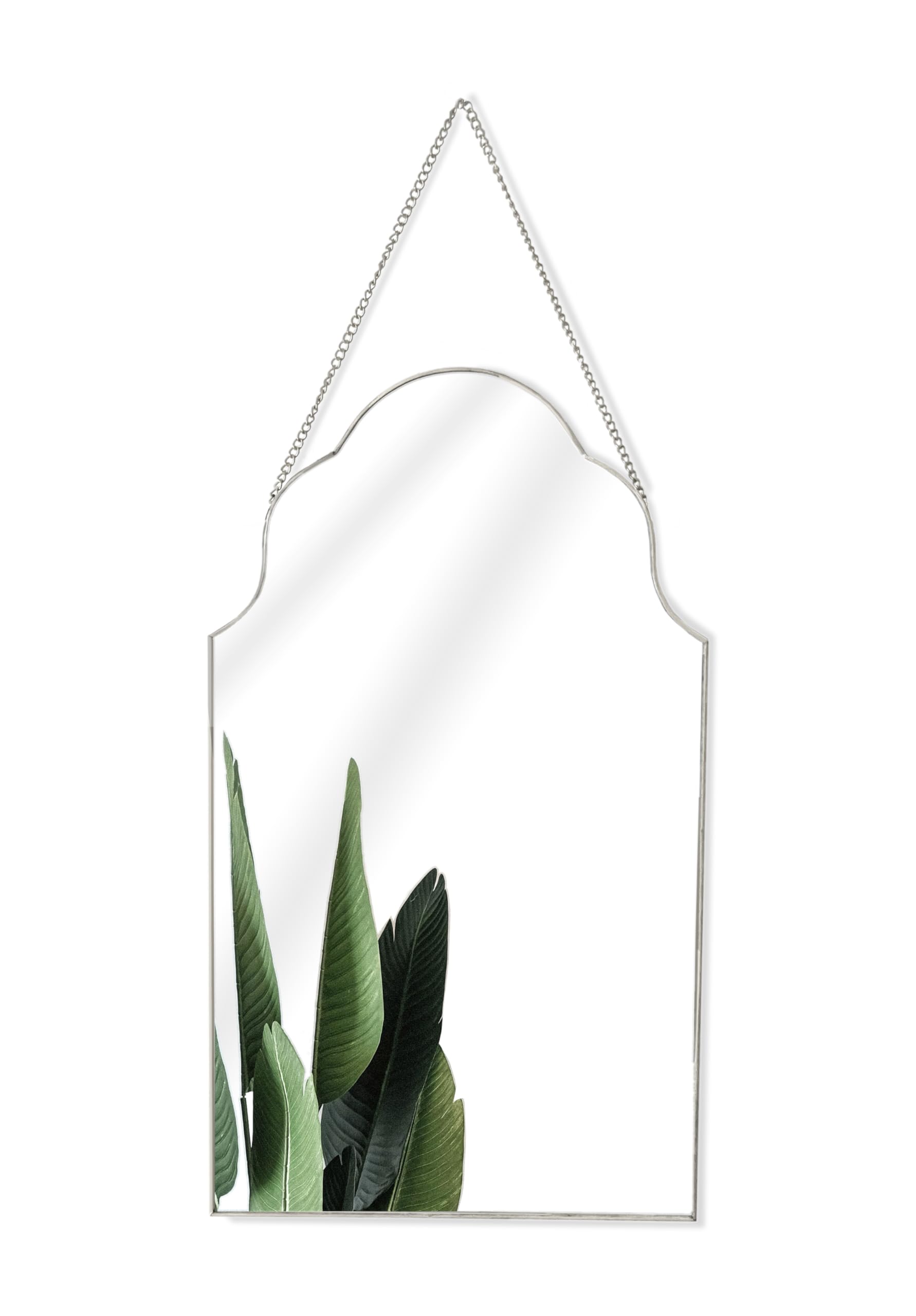 GreyZouq Decorative Arched Wall Mirror with Hanging Chain, Metal Frame Wall Mounted Mirror for Home, Living Room, Bathroom, Hallway or Bedroom Wall Mirror with Silver Rim with chain (Silver) 40cm